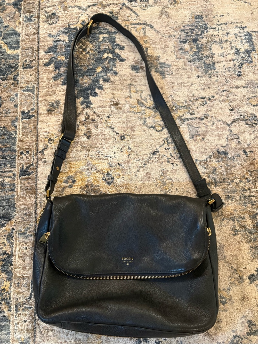 Fossil Preston Pebbled Grain Leather Black Foldover Zippered shoulder bag Purse
